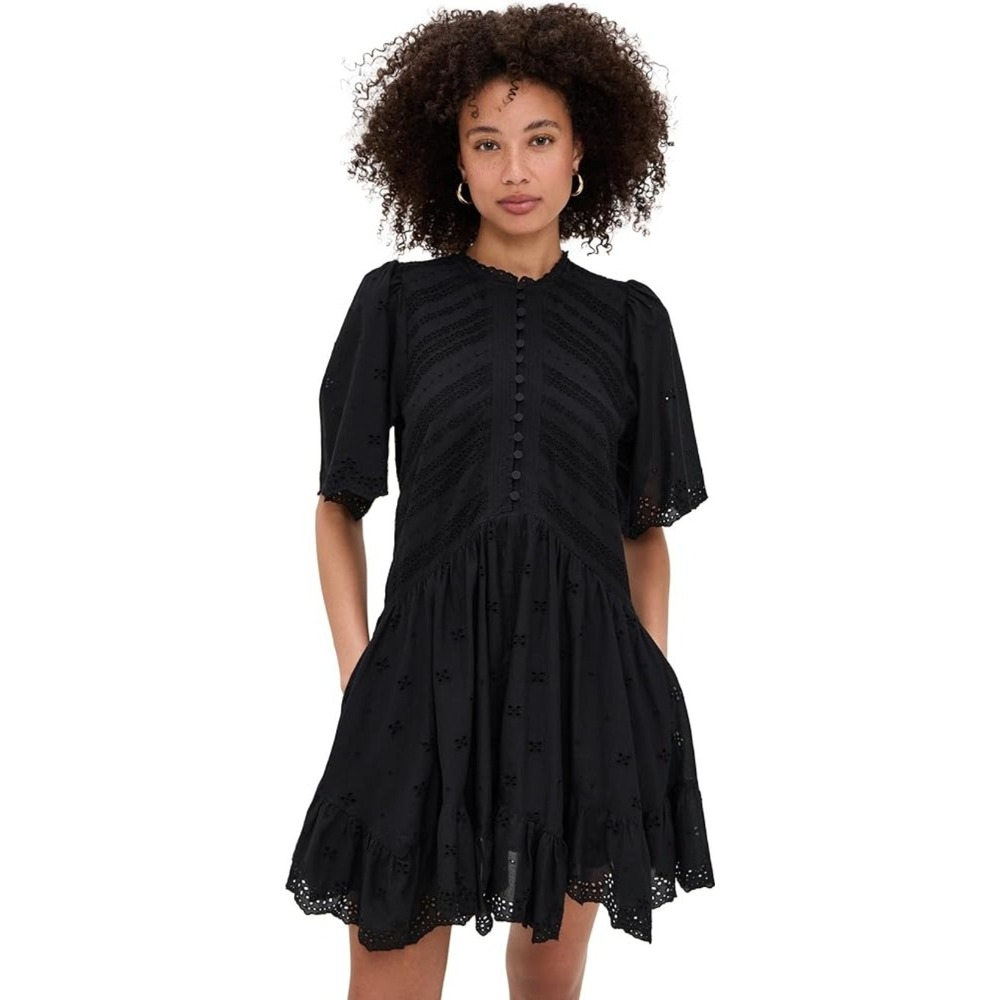 Madewell Black Eyelet Cotton Short Sleeve Button Front Dress Size 00 NWT $158